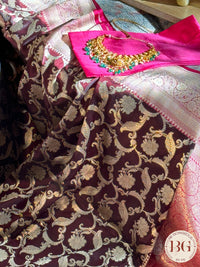 Pure Banarasi Handloom Katan Silk Contrast Border Pallu Golden Zari Cutwork Weaving Saree - Maroon Megenta
Silkmark certfiied
