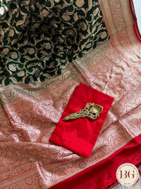 Pure Banarasi Handloom Katan Silk Contrast Border Pallu Golden Zari Cutwork Weaving Saree - Green Red
Silkmark certfiied