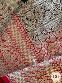 Pure Banarasi Handloom Katan Silk Contrast Border Pallu Golden Zari Cutwork Weaving Saree - Green Red
Silkmark certfiied