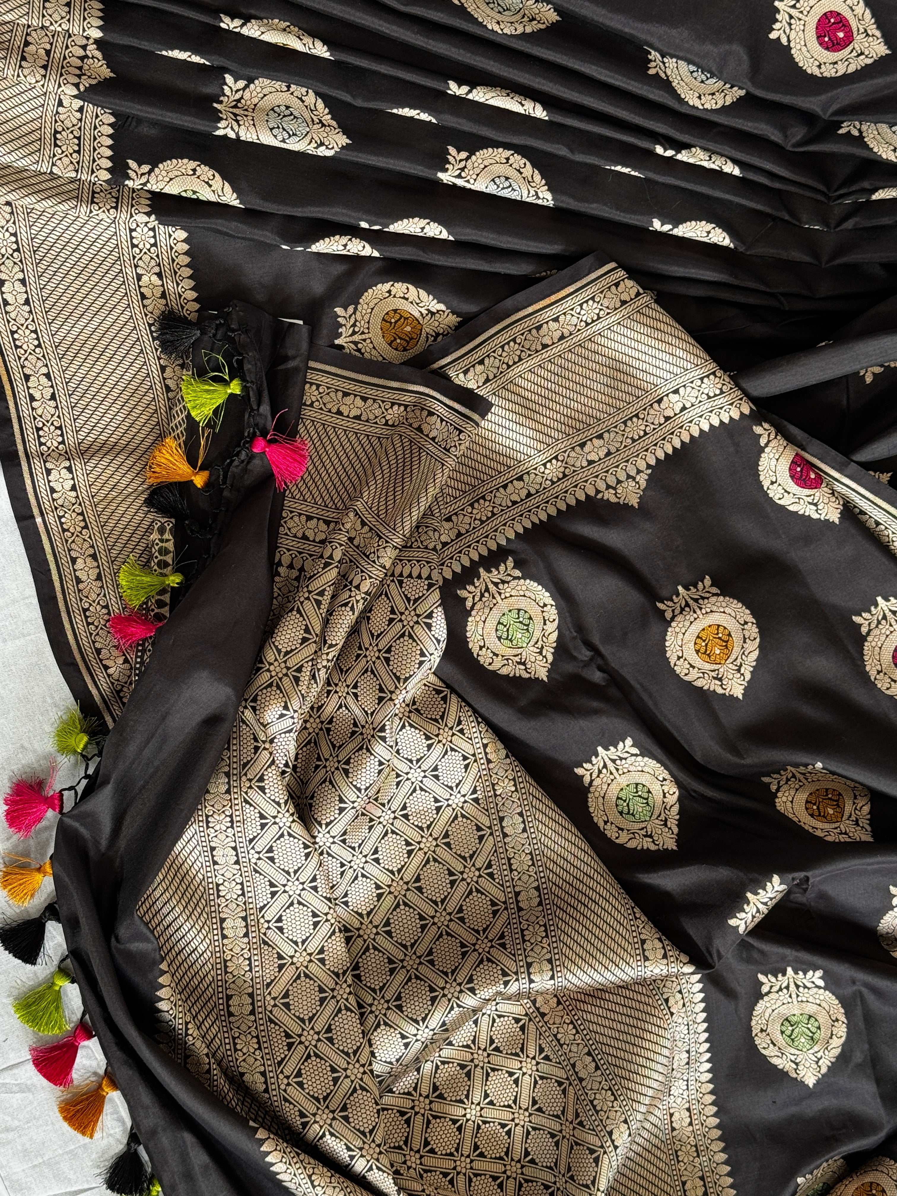 Banarasi Handwoven Katan Silk meenakari weaved saree with silkmark certficate - Black