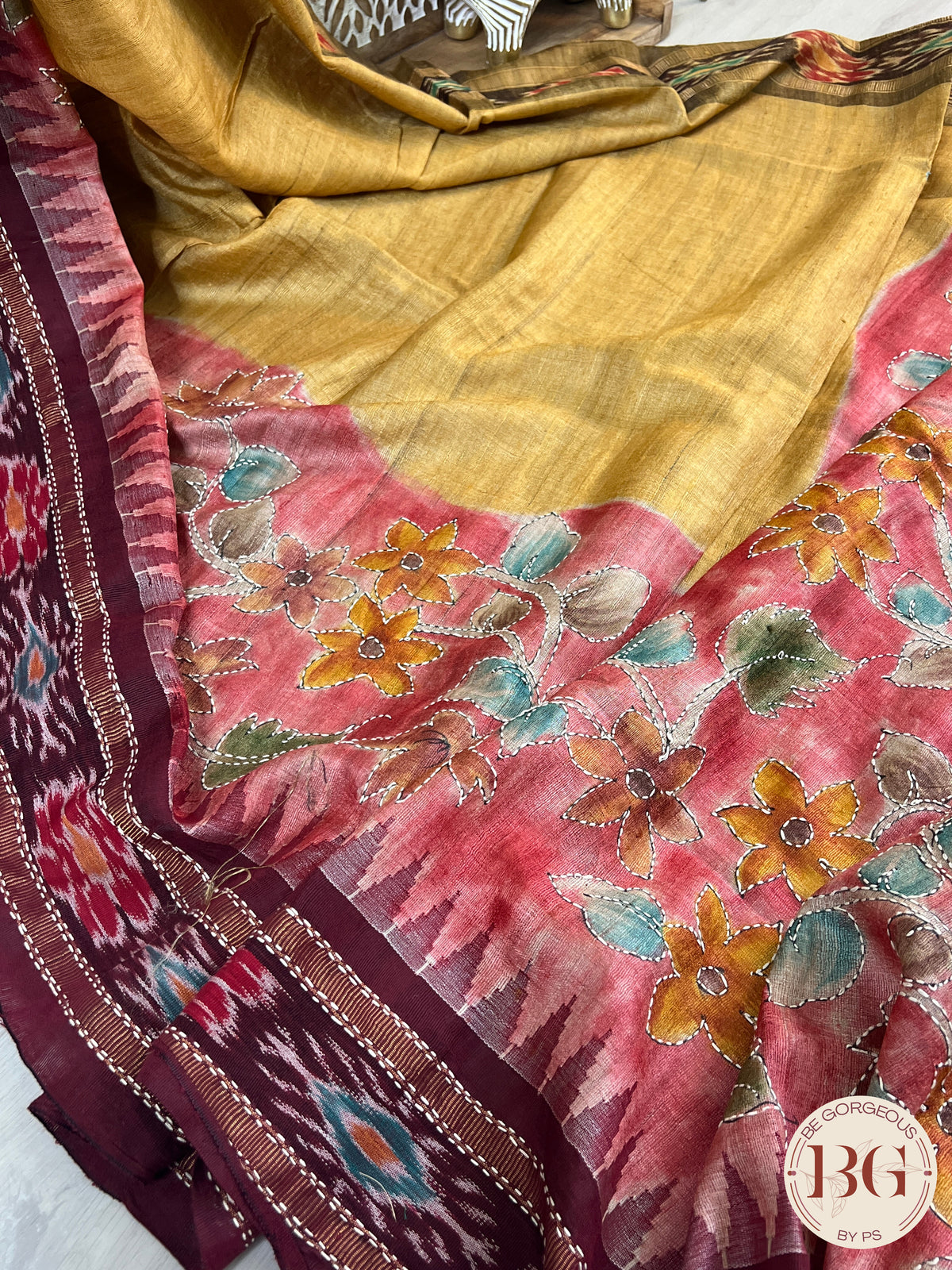 Tussar Katha Ikkat Saree color - mustard