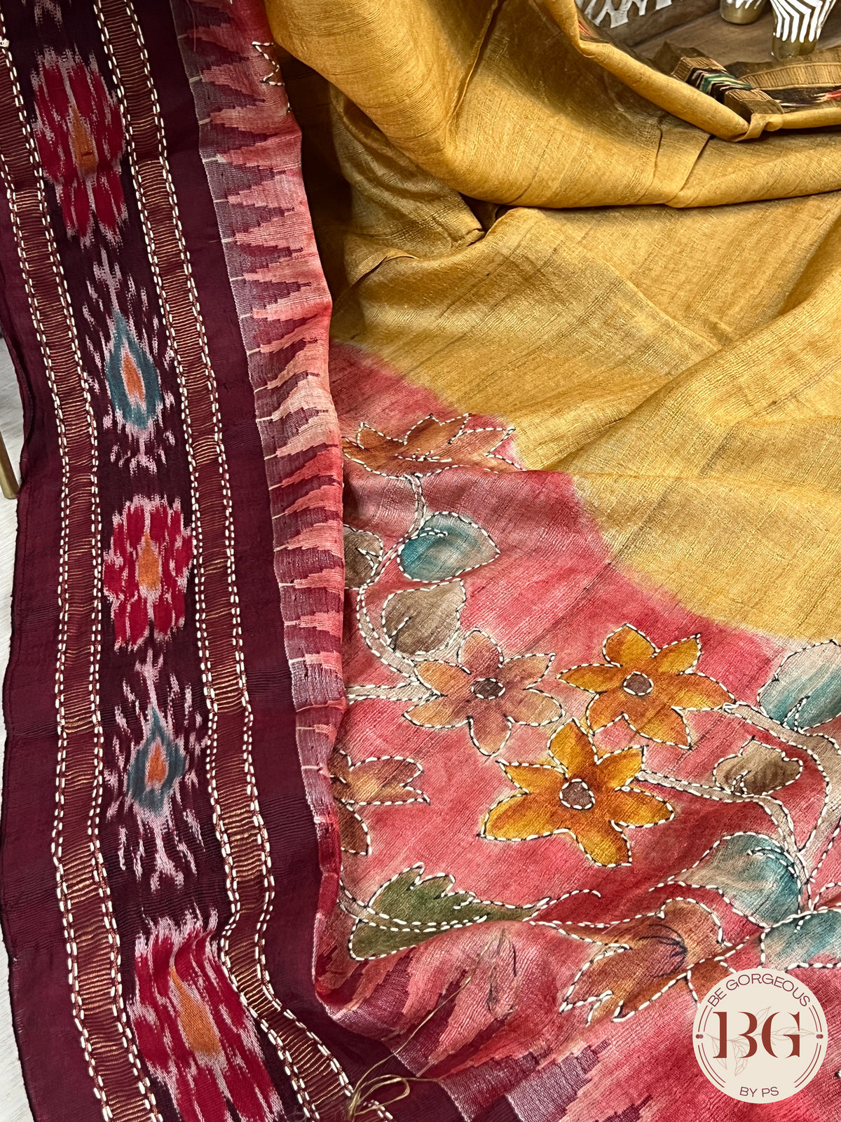 Tussar Katha Ikkat Saree color - mustard