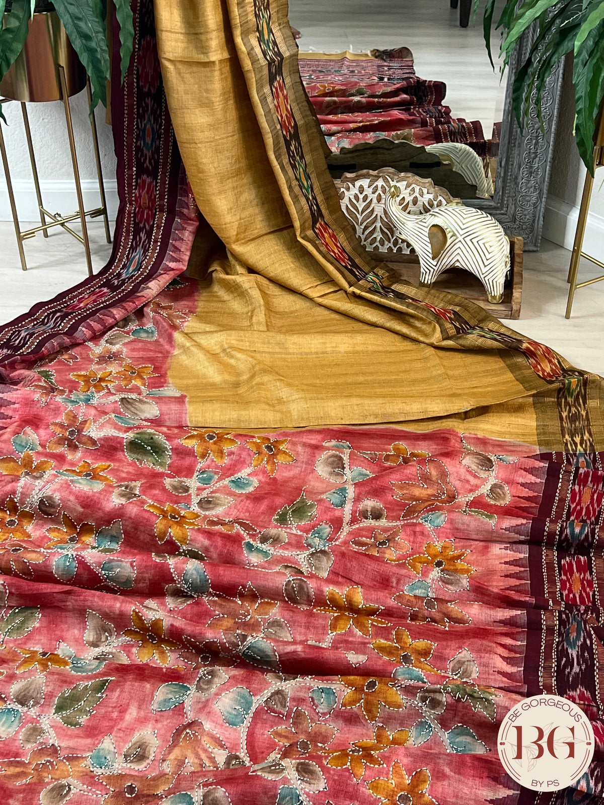 Tussar Katha Ikkat Saree color - mustard