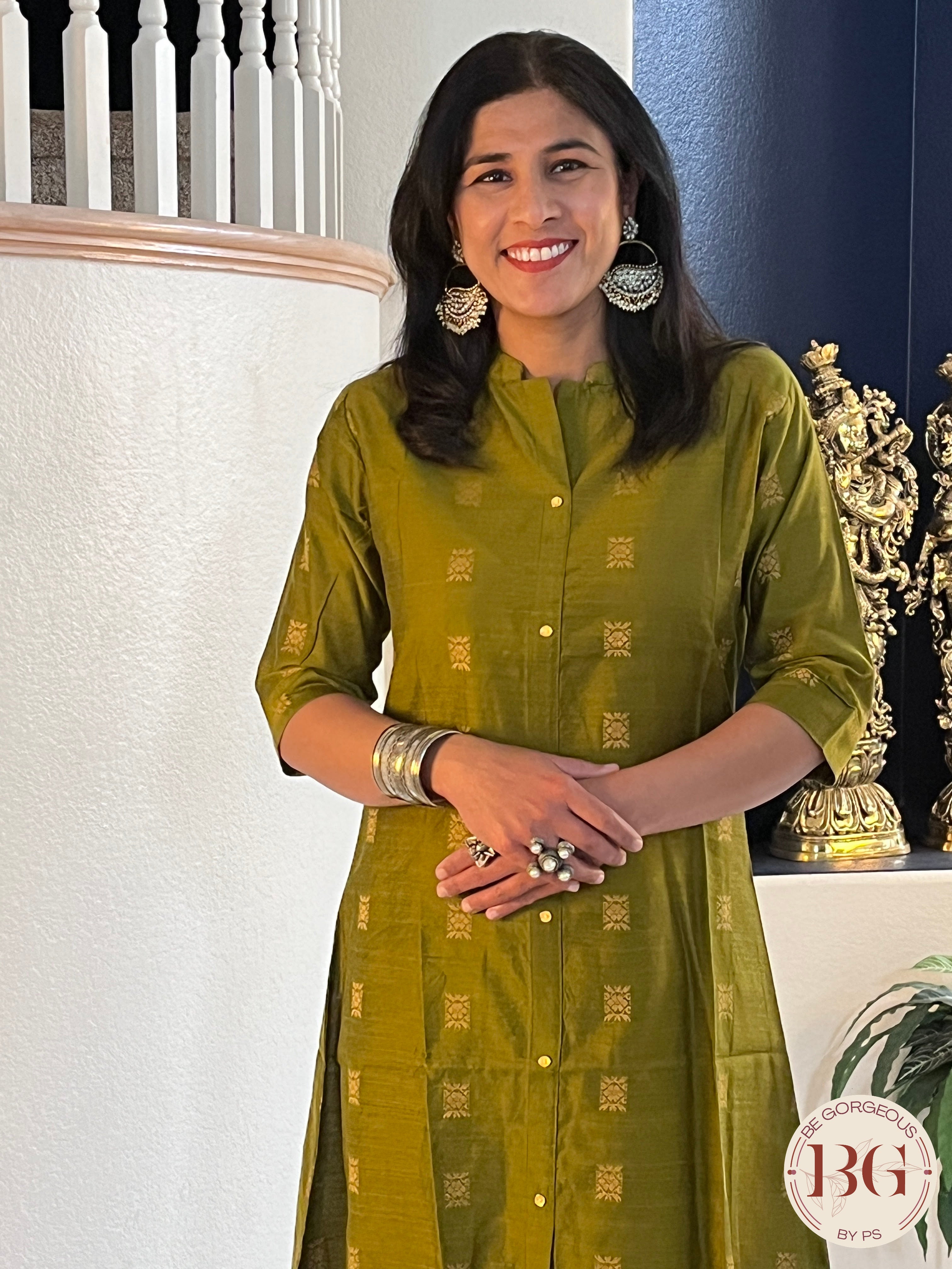 A line Kurti in gorgeous Mehendi color