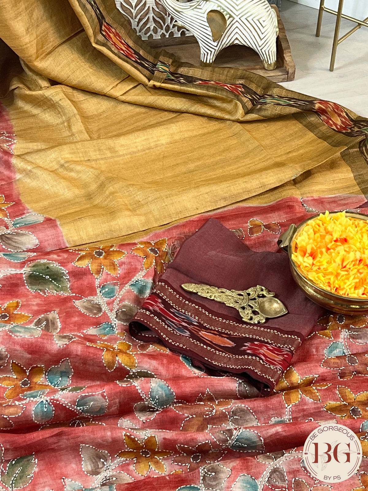Tussar Katha Ikkat Saree color - mustard