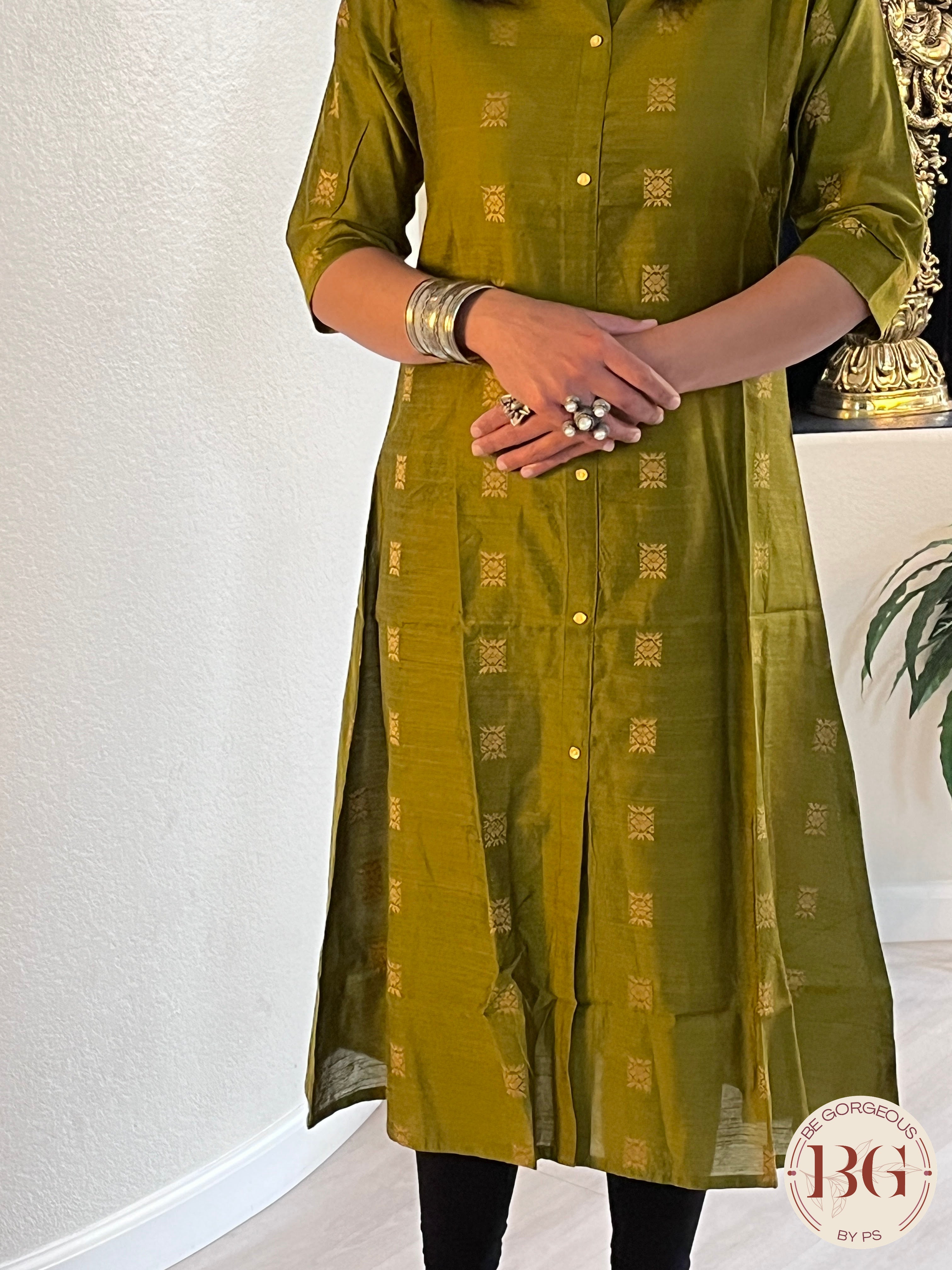 A line Kurti in gorgeous Mehendi color