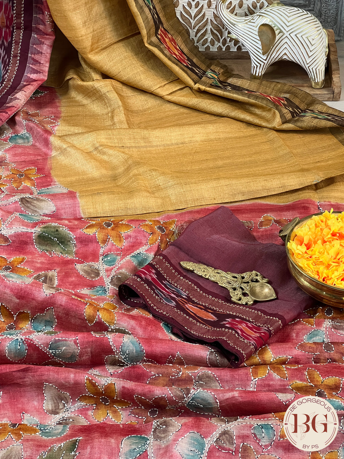 Tussar Katha Ikkat Saree color - mustard