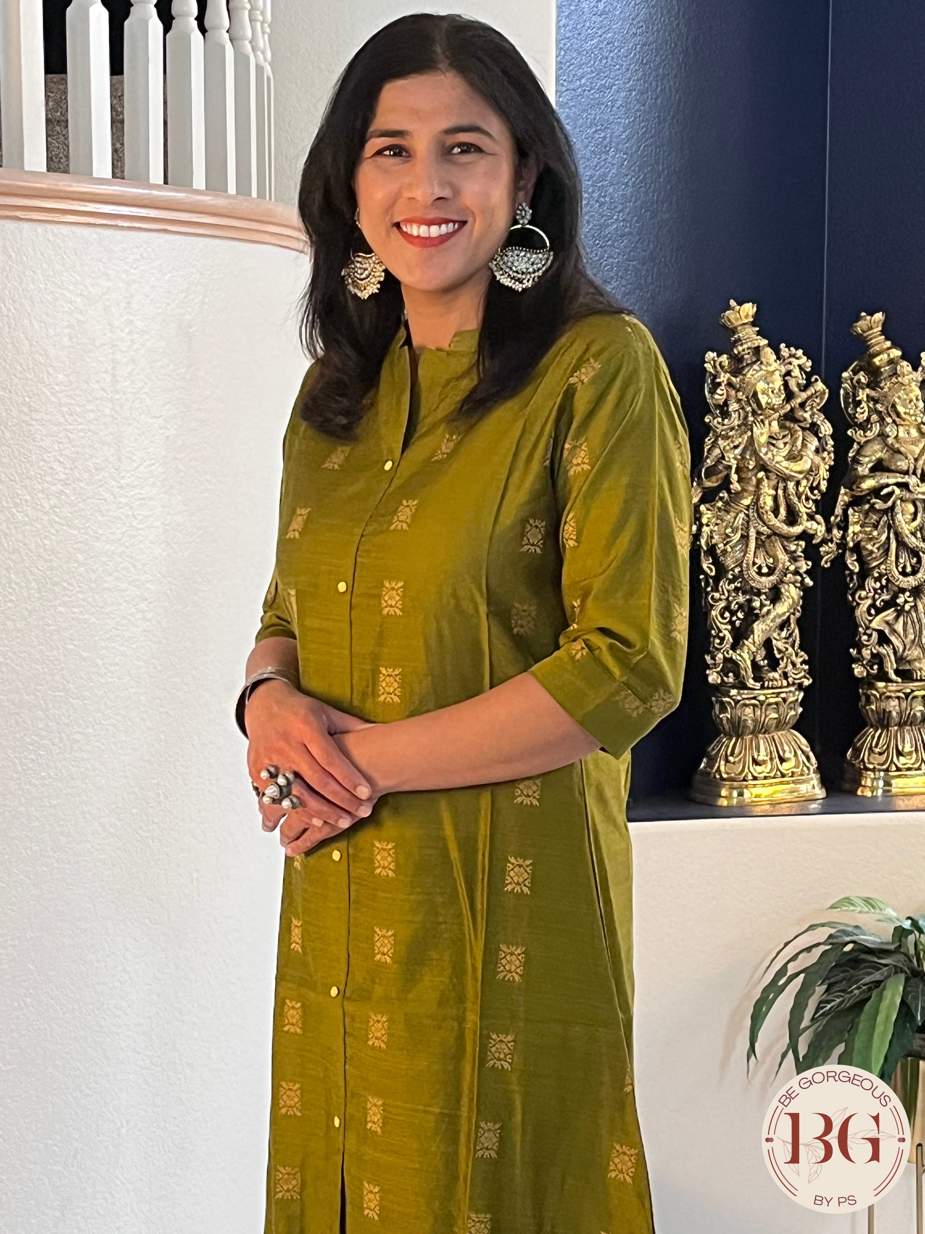 A line Kurti in gorgeous Mehendi color