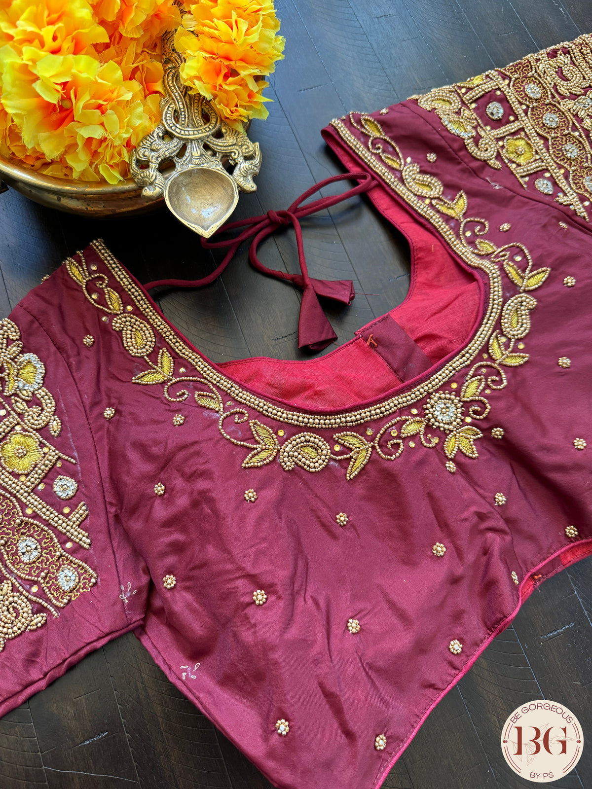 Maggam Work Readymade Blouse with sleeves - Maroon