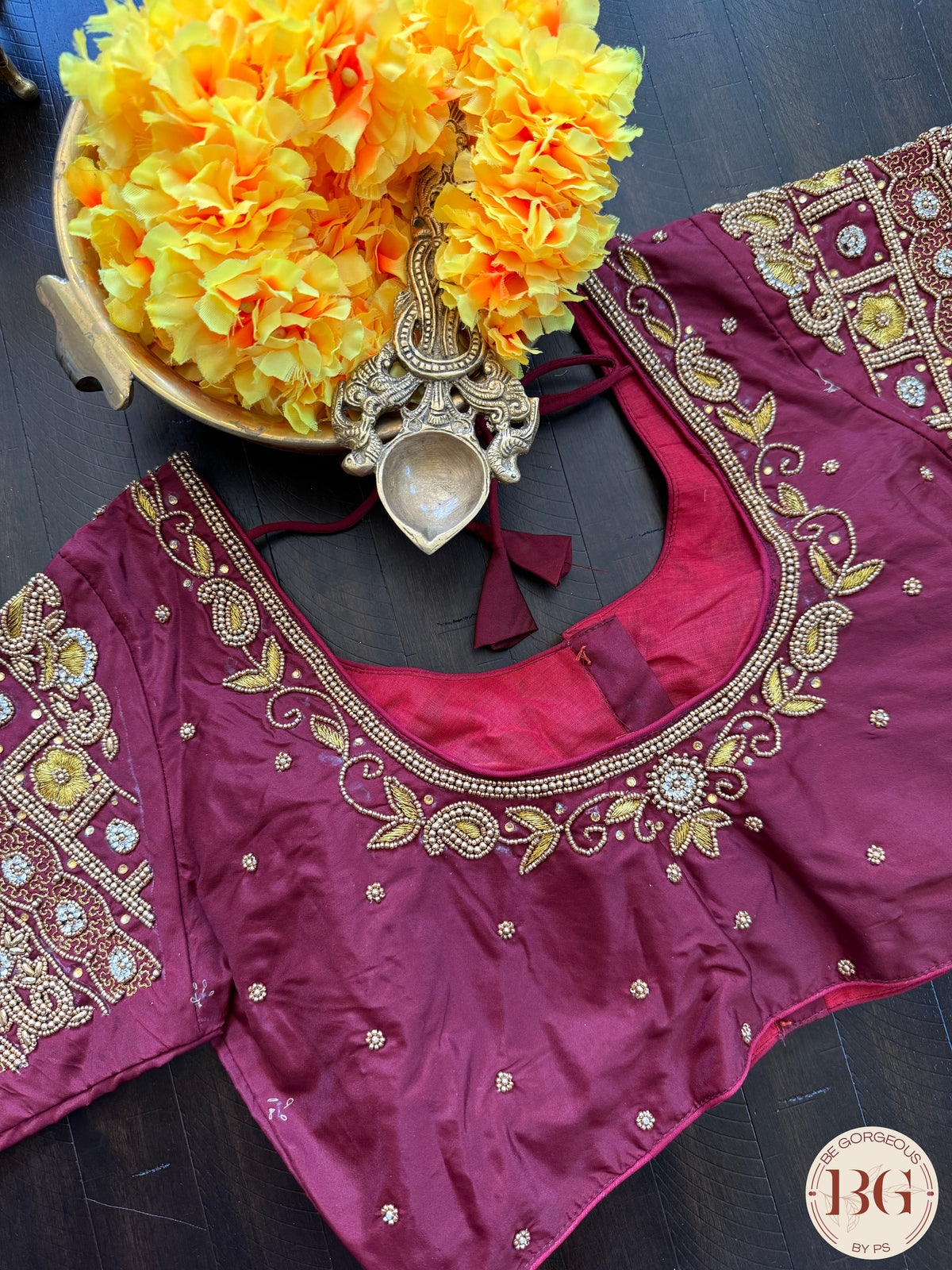 Maggam Work Readymade Blouse with sleeves - Maroon