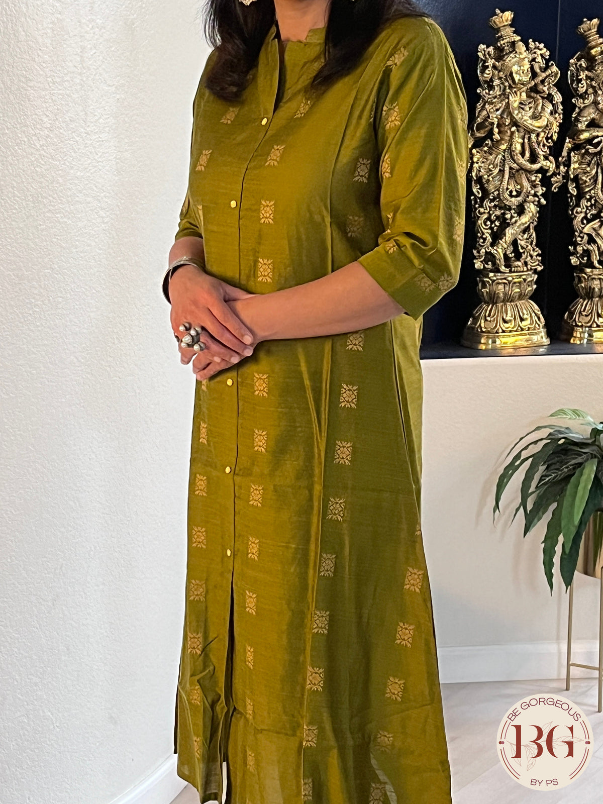 A line Kurti in gorgeous Mehendi color