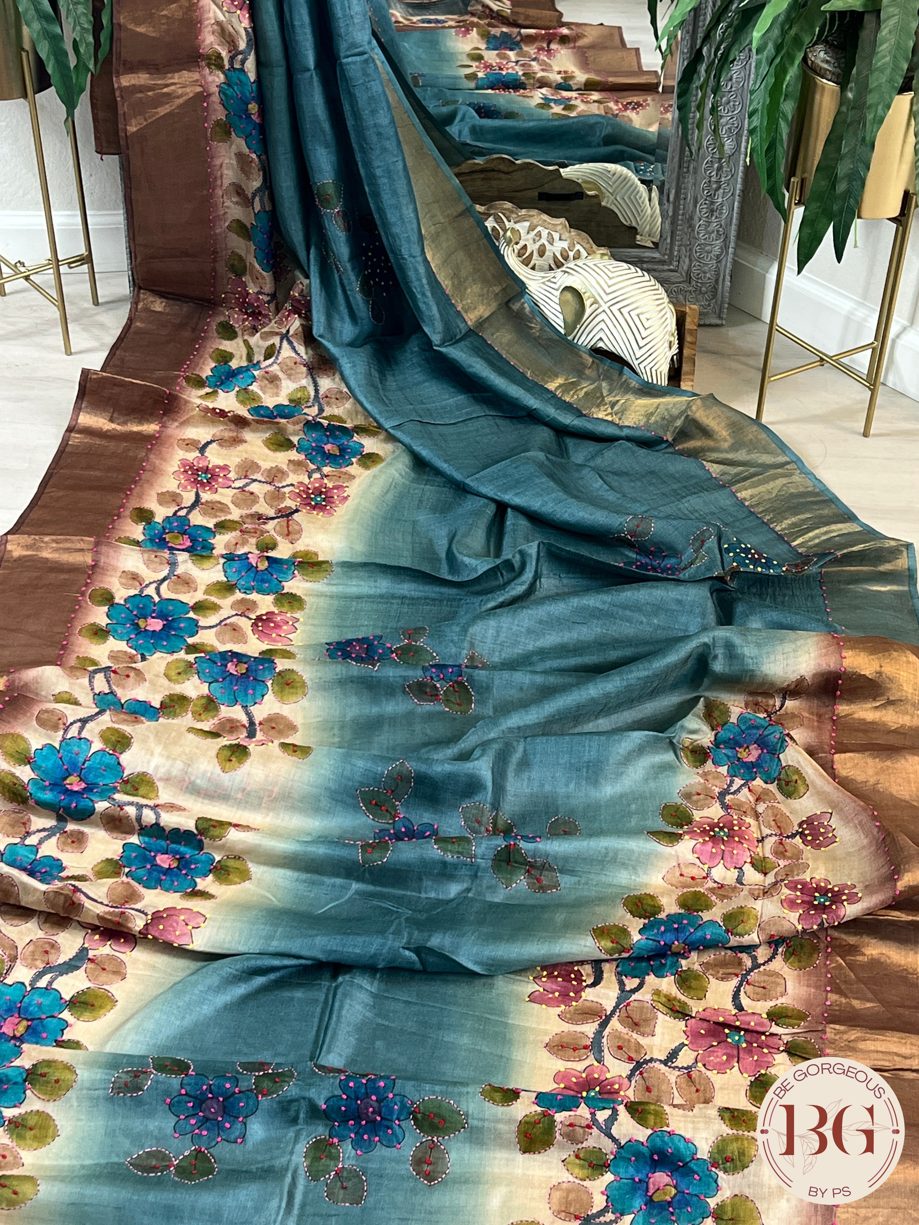 Tussar Katha Saree color - blue brown