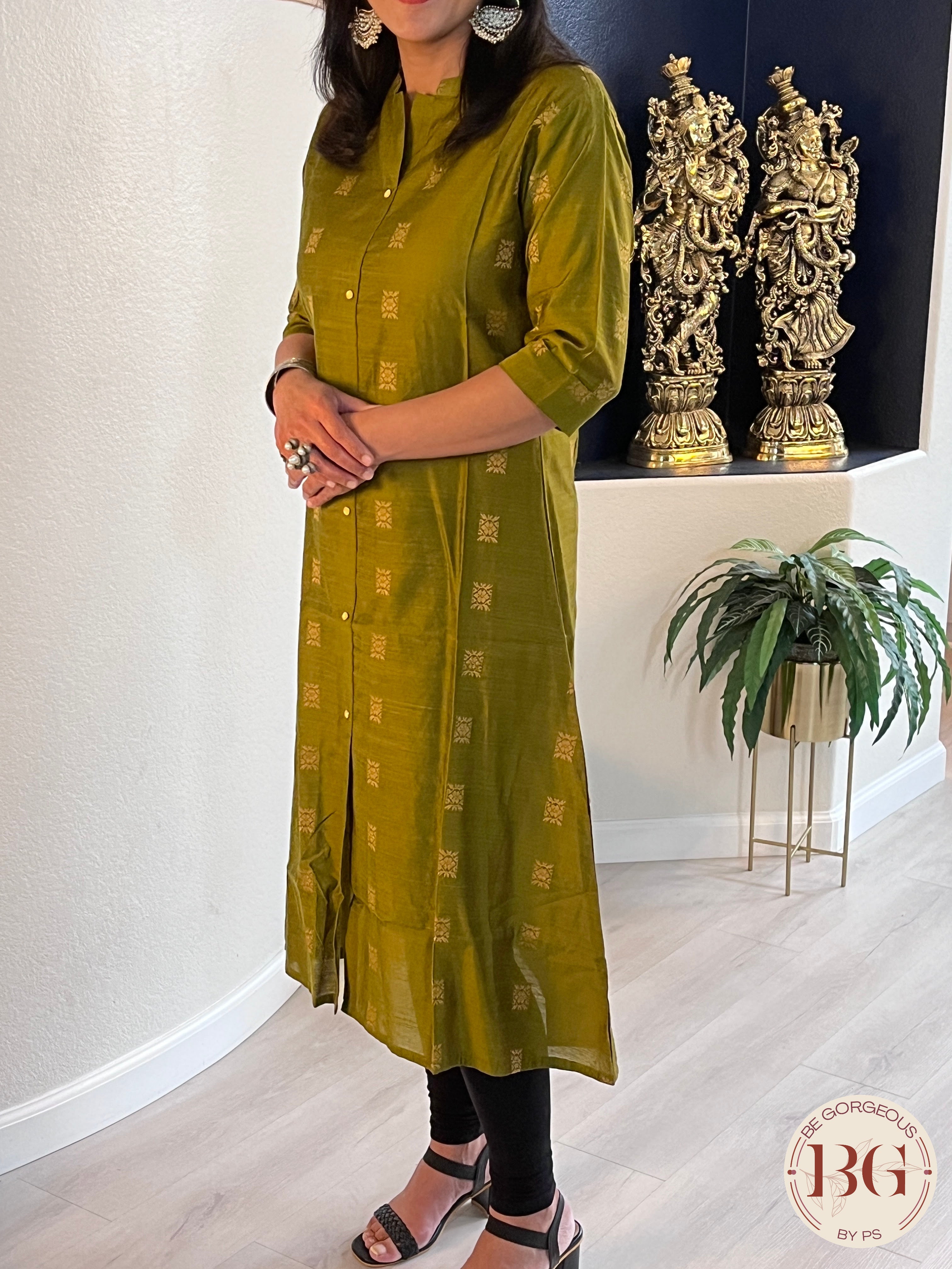 A line Kurti in gorgeous Mehendi color