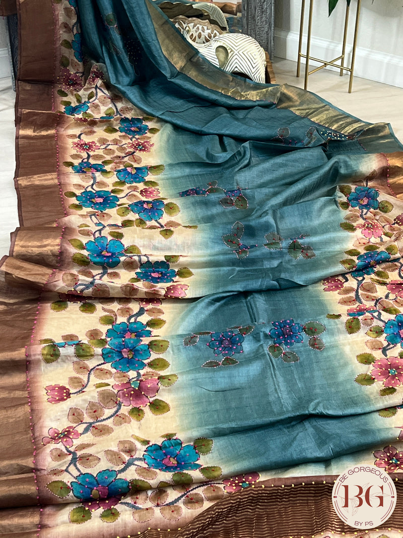 Tussar Katha Saree color - blue brown