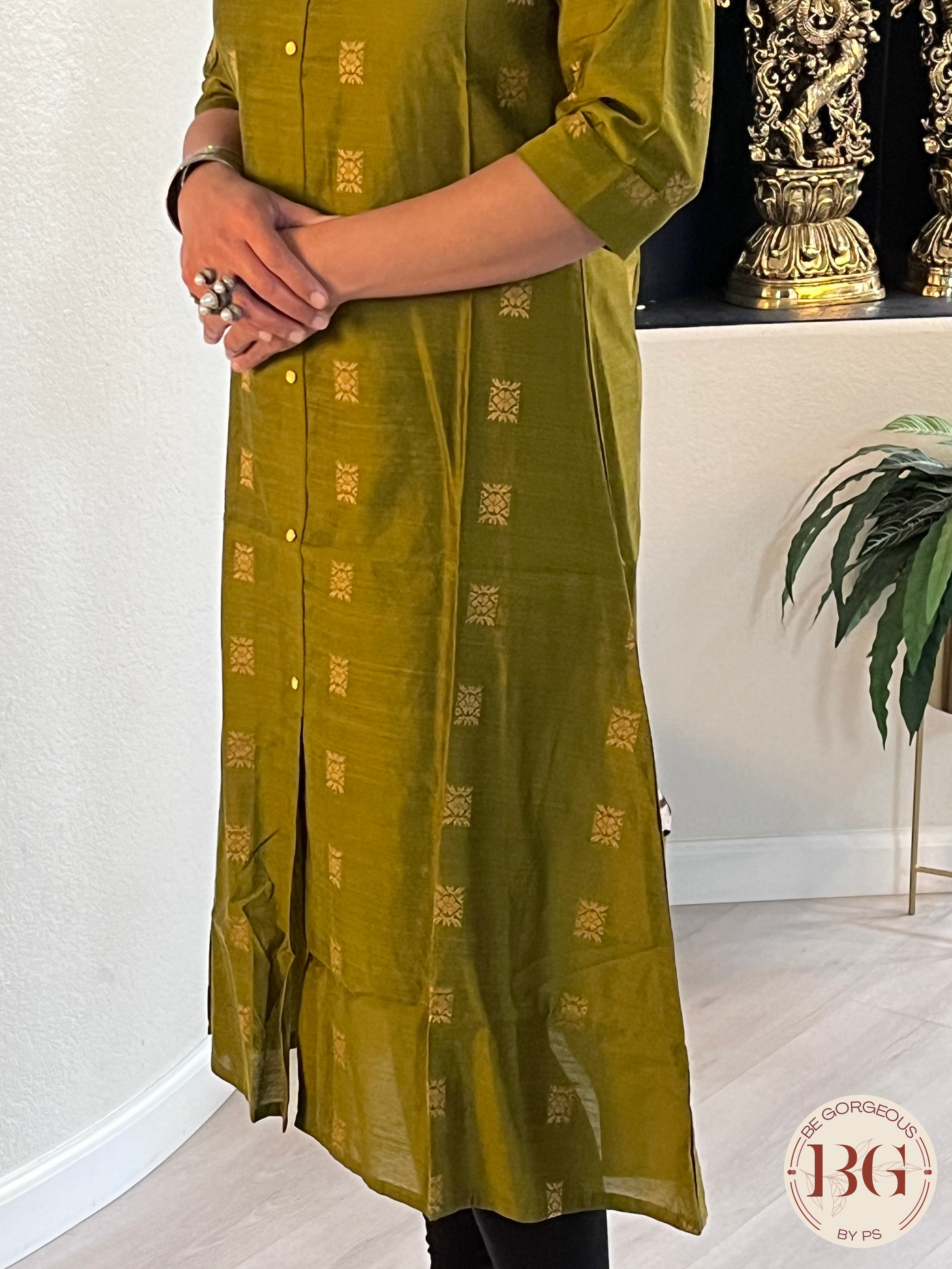 A line Kurti in gorgeous Mehendi color