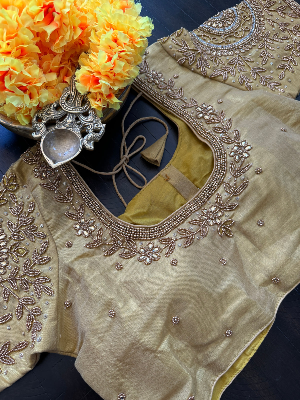 Maggam Work Readymade Blouse with sleeves - Golden