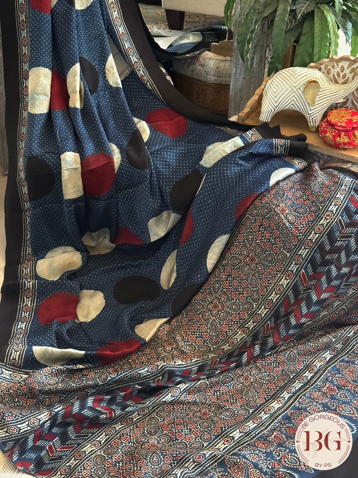 Ajrak on modal saree - blue