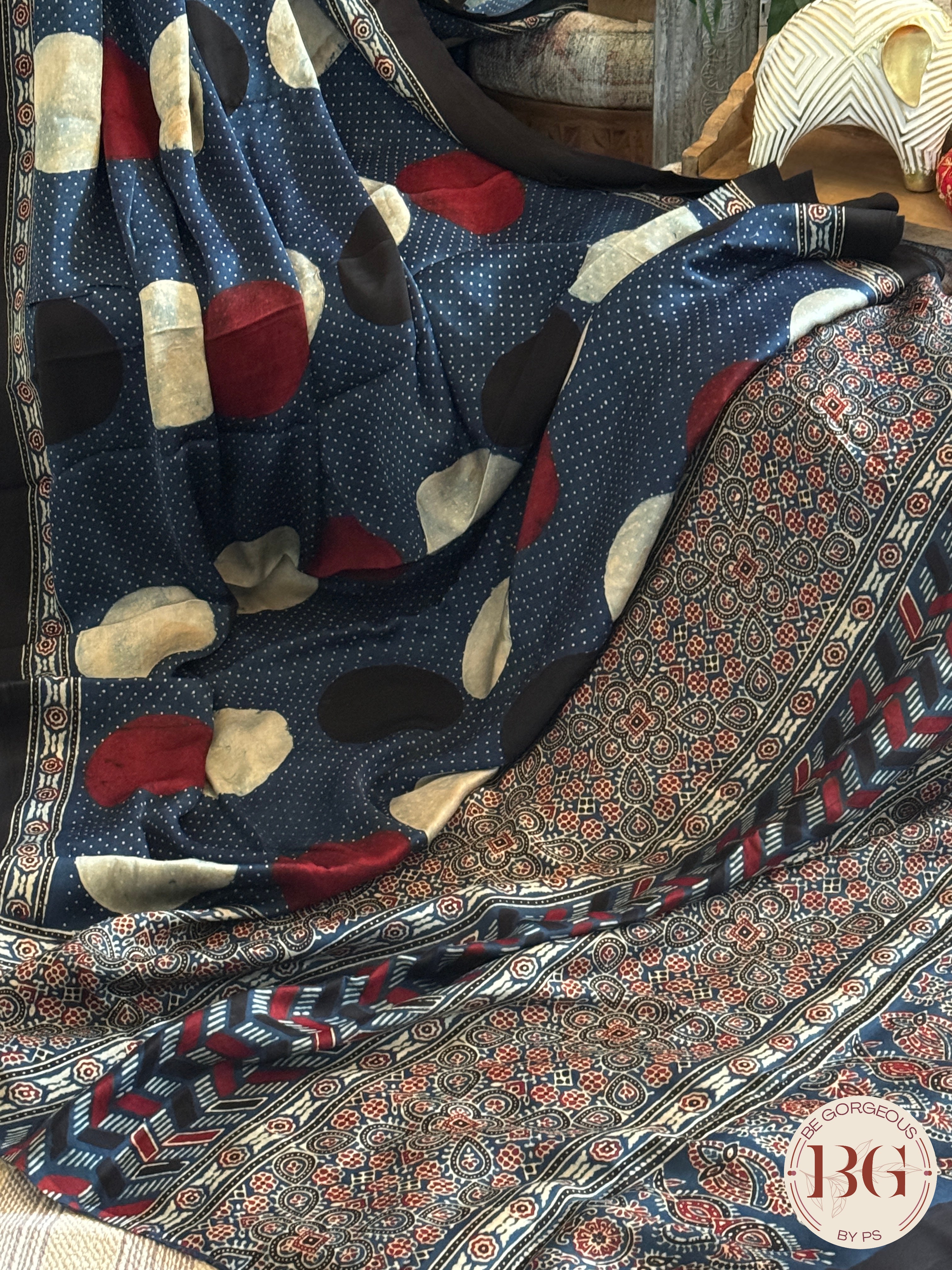 Ajrak on modal saree - blue