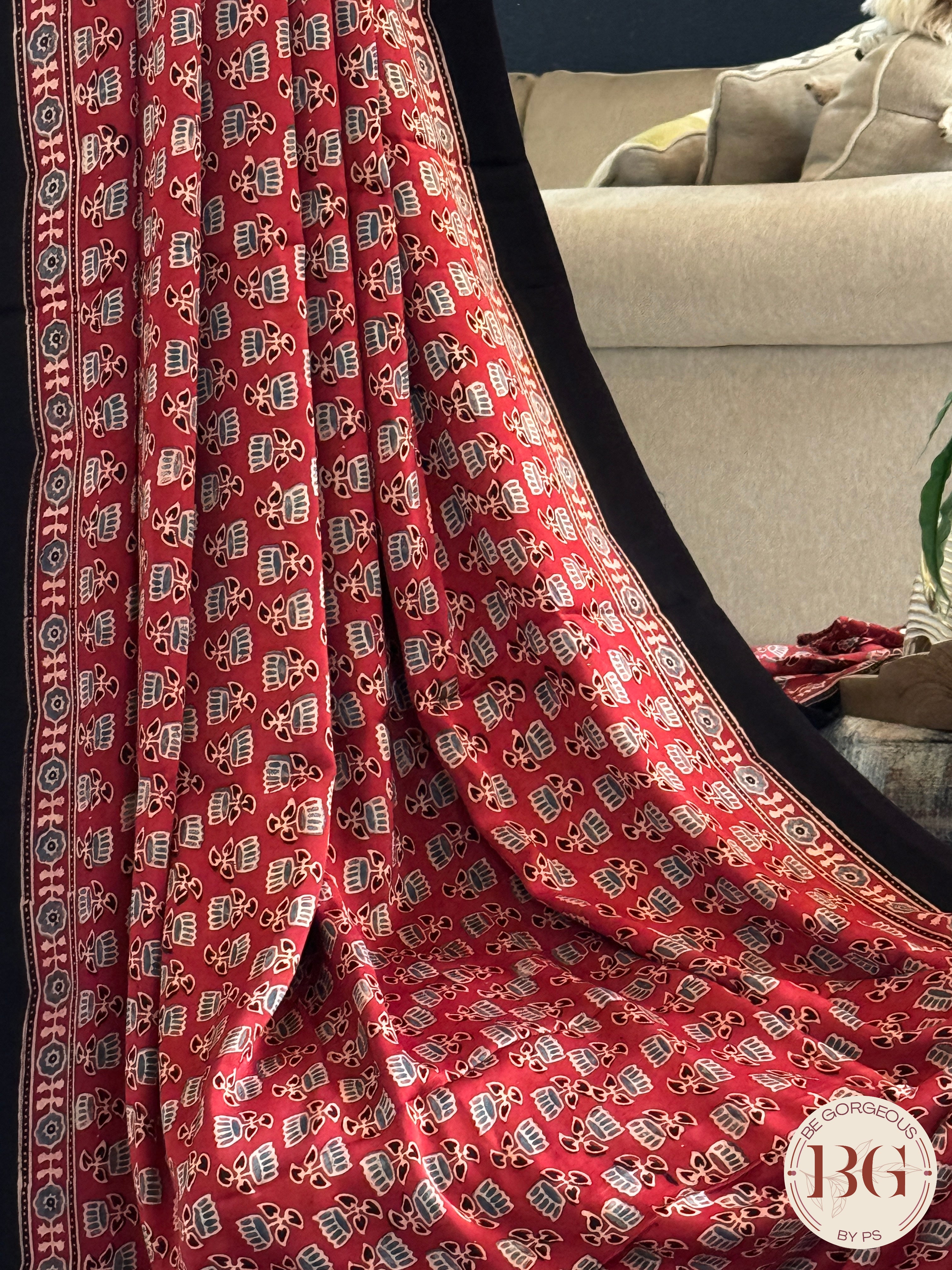 Ajrak on modal saree - red