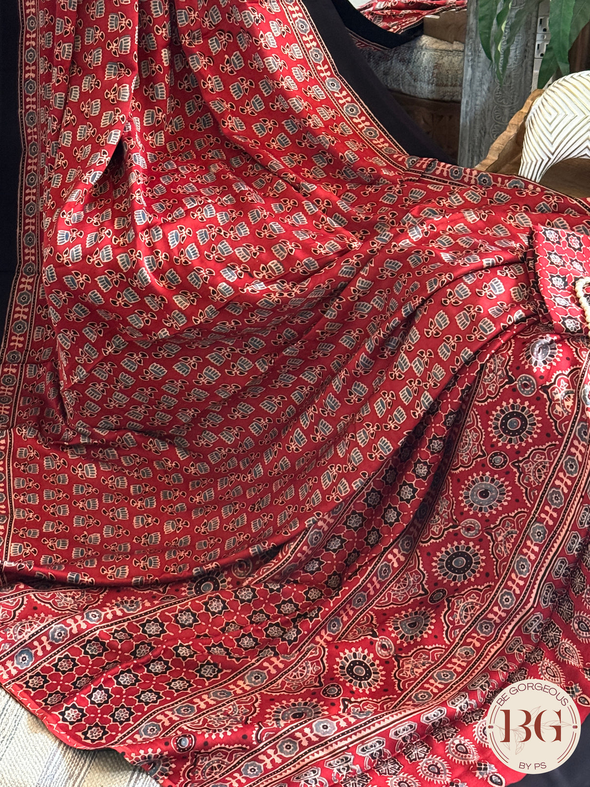 Ajrak on modal saree - red
