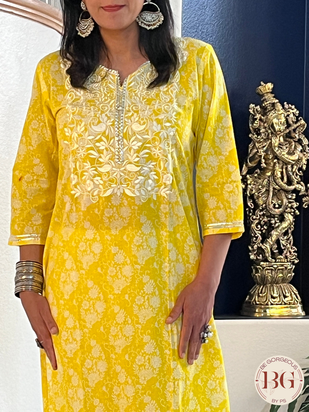 Kurti with reshan work on neck and gota detailing - Yellow Color