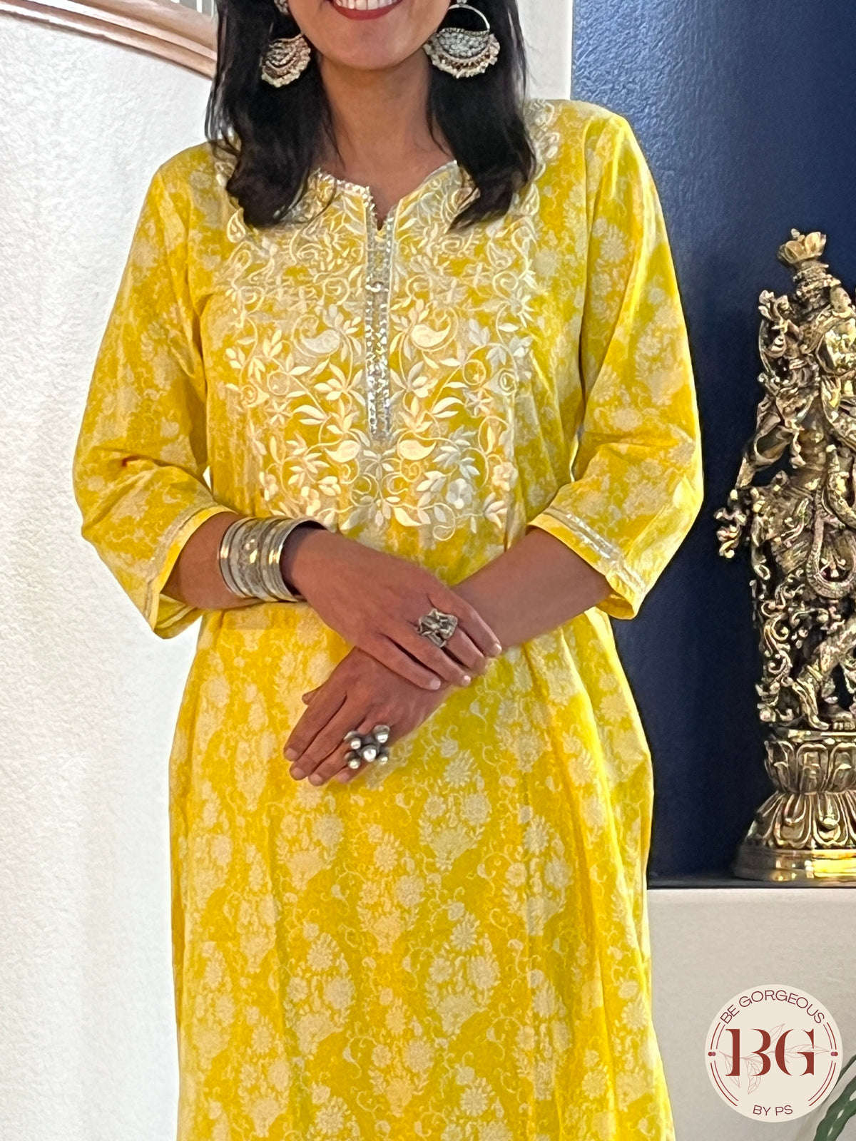 Kurti with reshan work on neck and gota detailing - Yellow Color