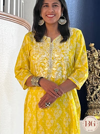 Kurti with reshan work on neck and gota detailing - Yellow Color