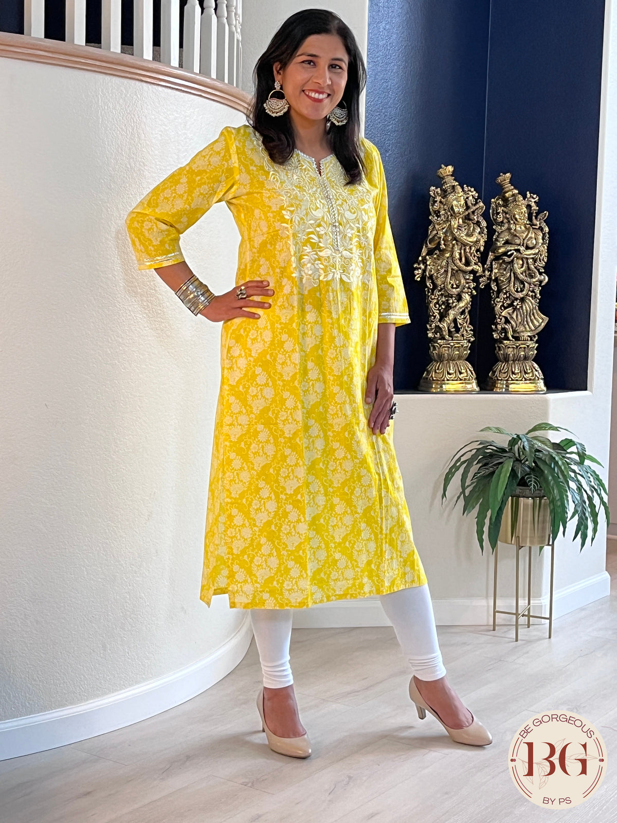 Kurti with reshan work on neck and gota detailing - Yellow Color