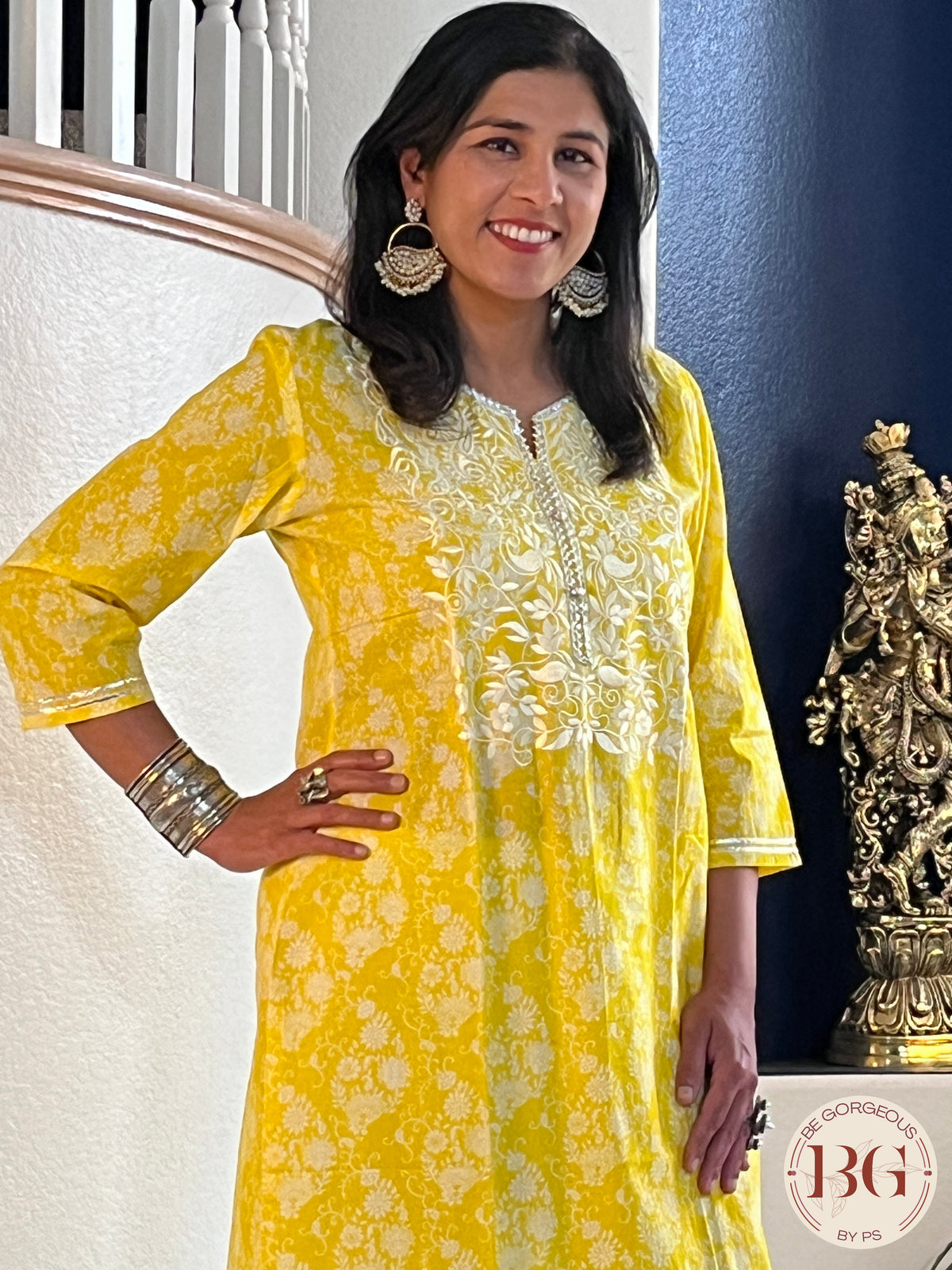 Kurti with reshan work on neck and gota detailing - Yellow Color