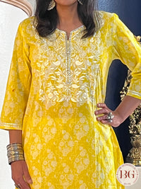 Kurti with reshan work on neck and gota detailing - Yellow Color