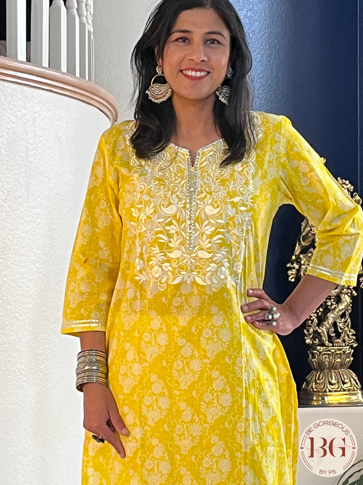 Kurti with reshan work on neck and gota detailing - Yellow Color