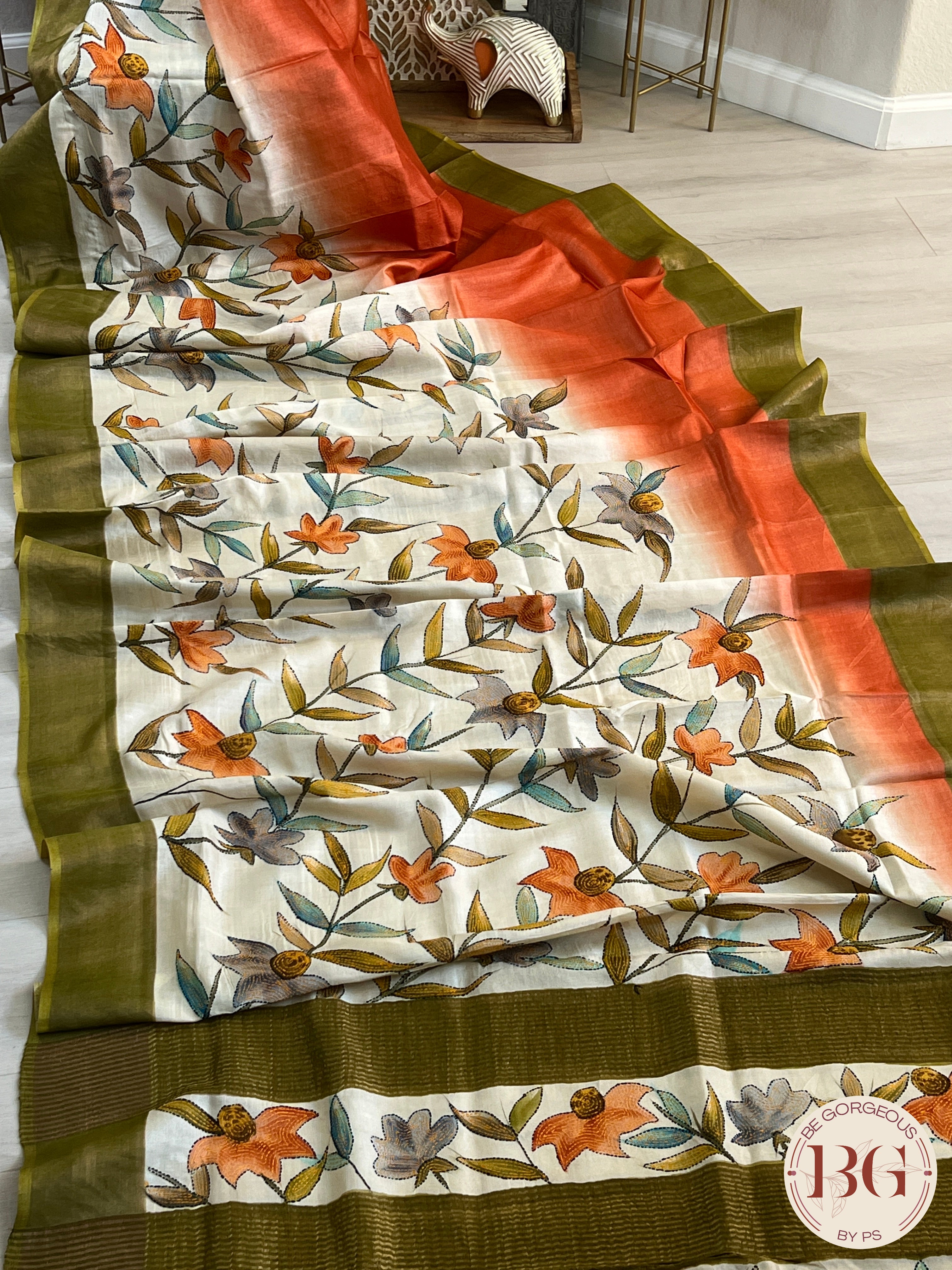 Tussar Katha stitch Saree color - beige orange green