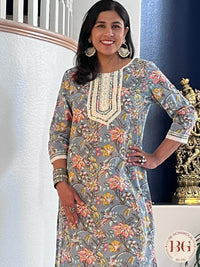 Kurti in grey color with white lace detailing