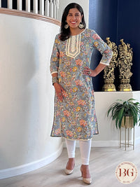 Kurti in grey color with white lace detailing