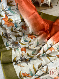 Tussar Katha stitch Saree color - beige orange green