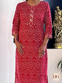 Kurti with bandhani print in red color and mirror detailing