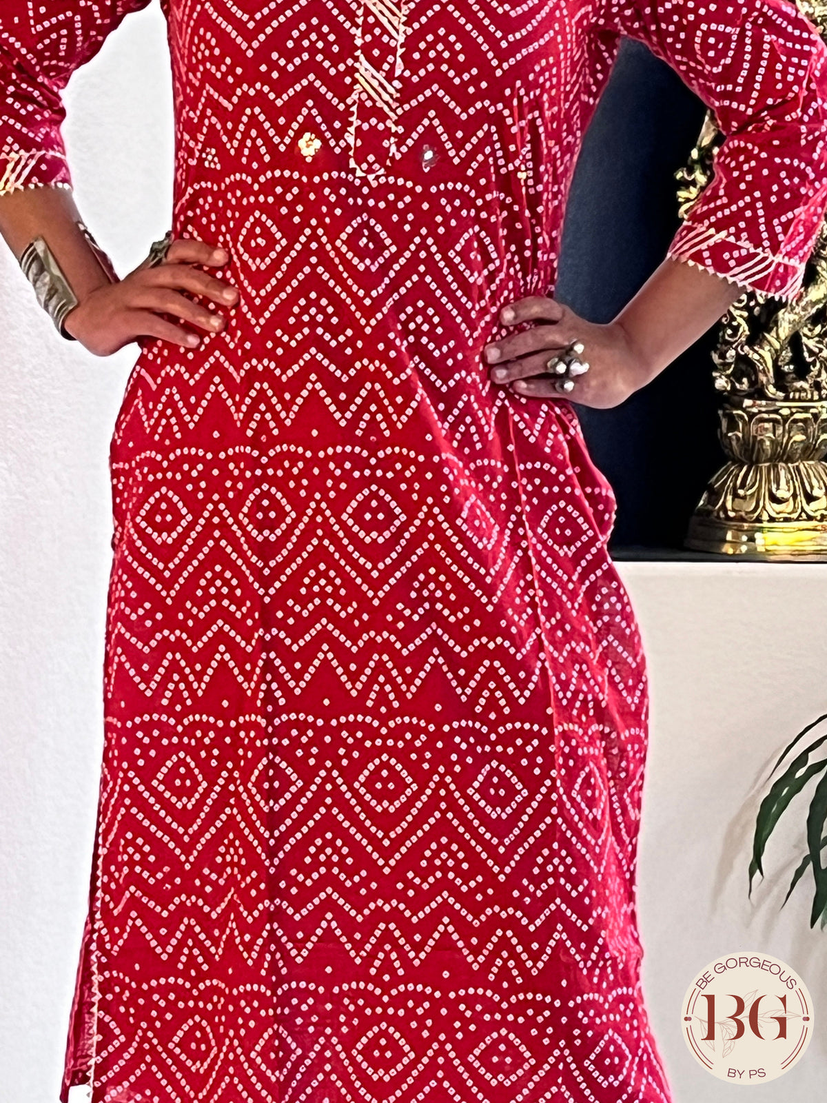 Kurti with bandhani print in red color and mirror detailing