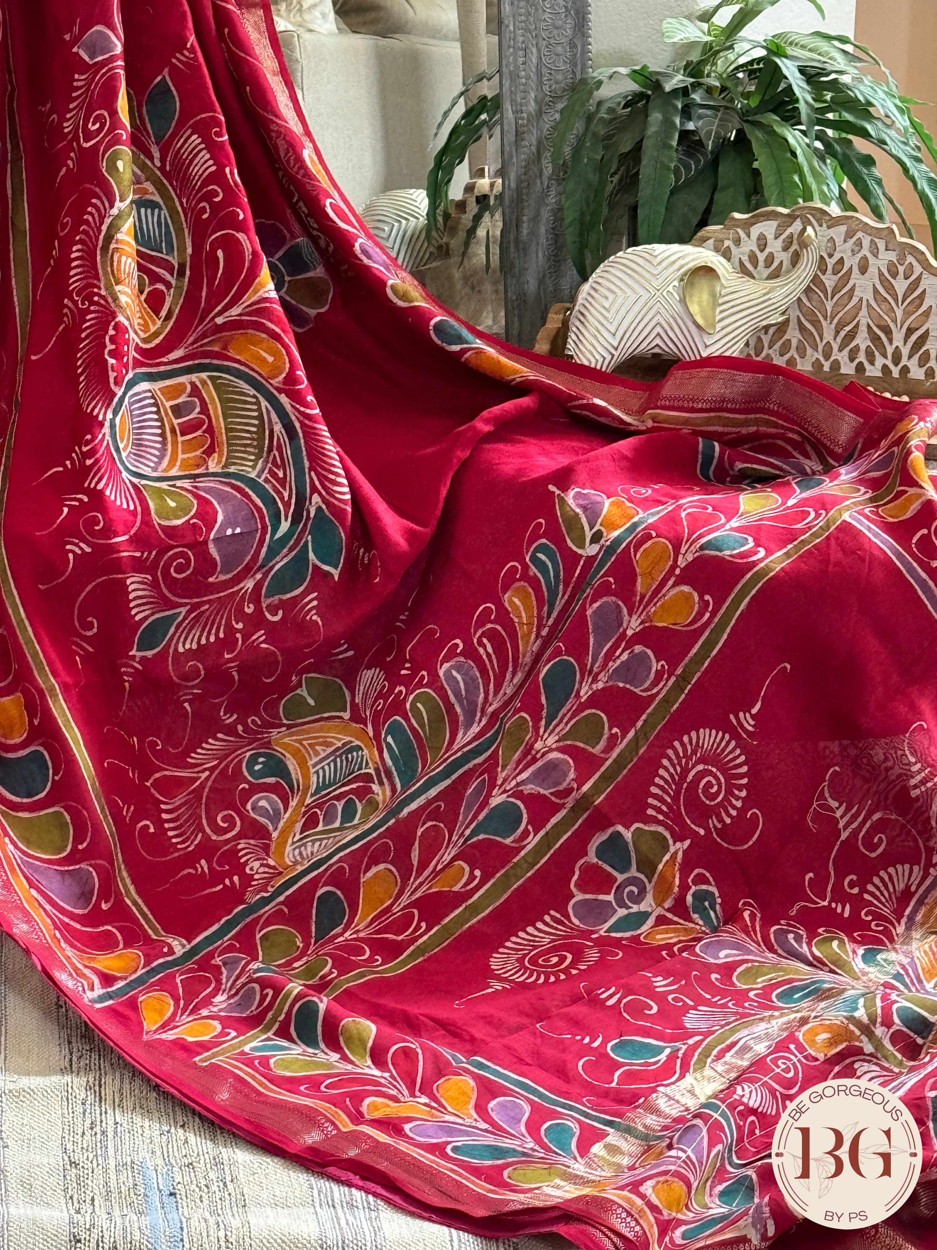 Chanderi Hand Batik Saree color - reddish pink