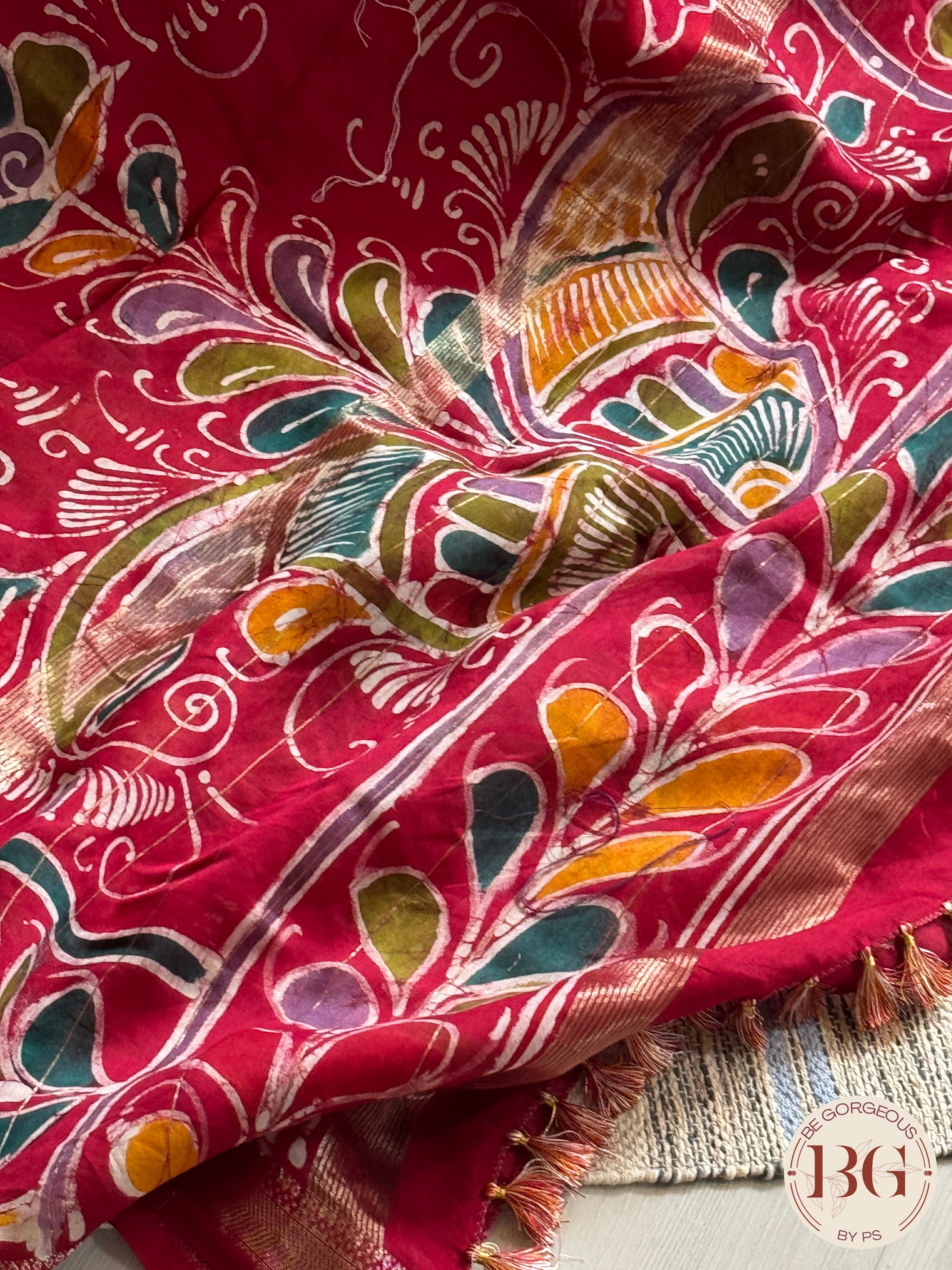 Chanderi Hand Batik Saree color - reddish pink