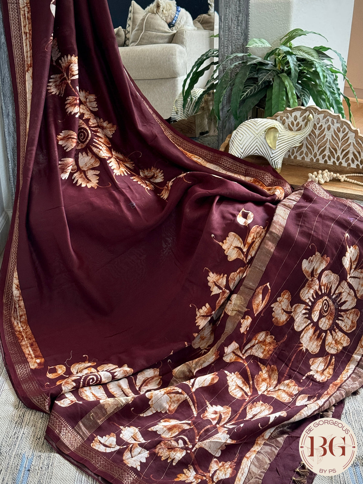 Chanderi Hand Batik Saree color - dark brown