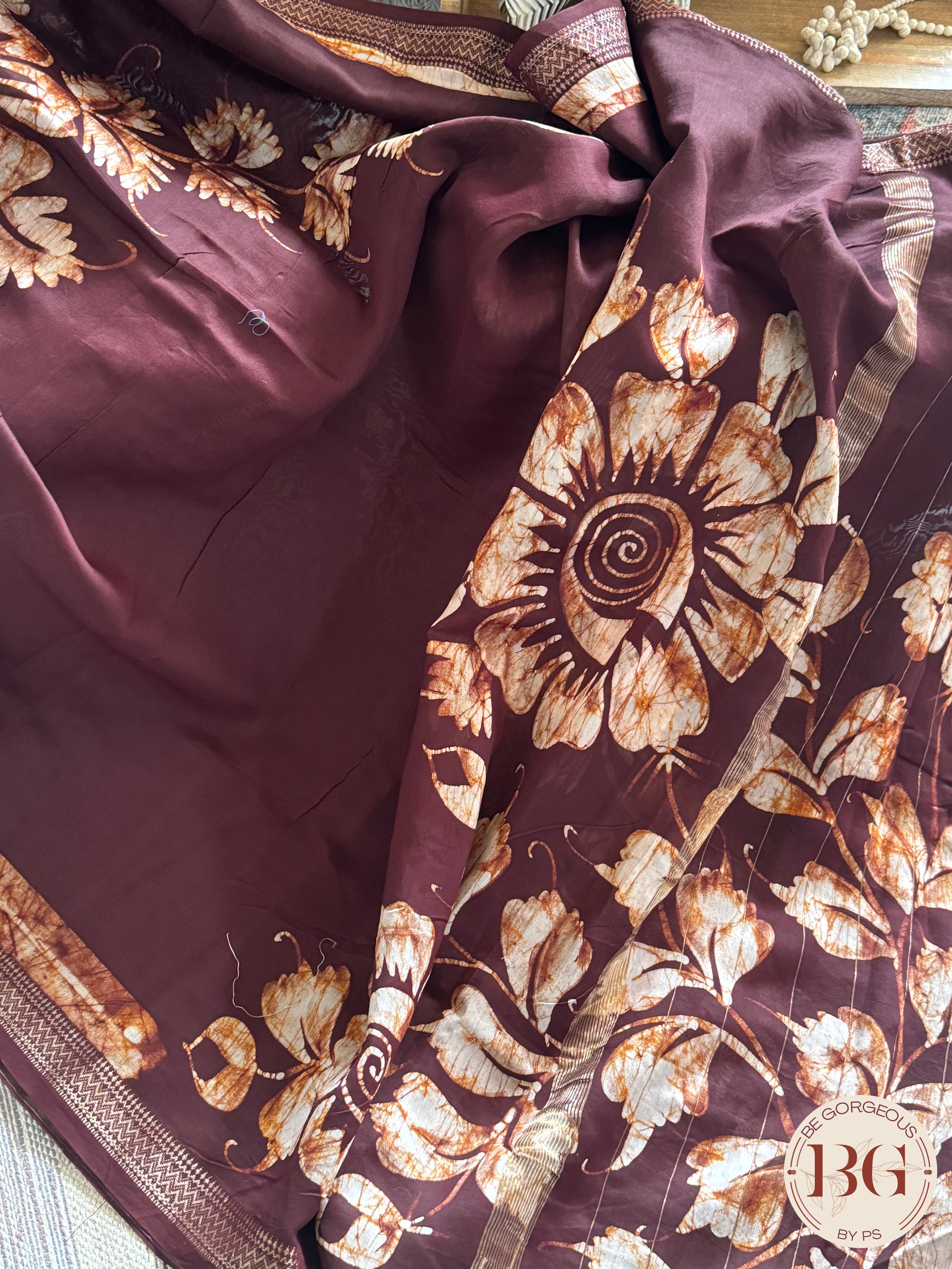 Chanderi Hand Batik Saree color - dark brown