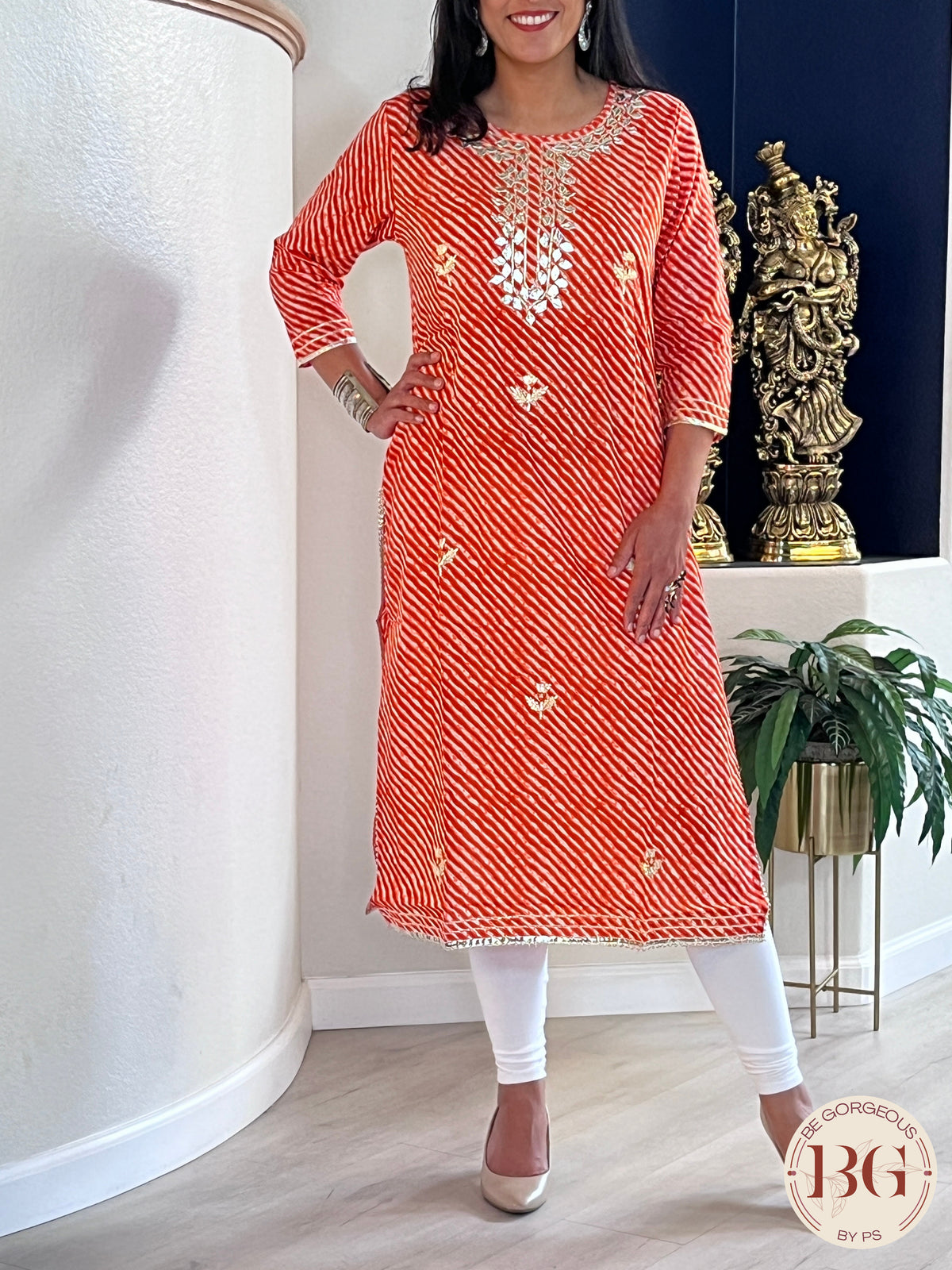 Kurti with lehriya print in orange color