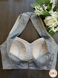 Raw silk readymade blouse with halter neck - silver grey