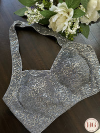 Sequin readymade blouse with halter neck - Silver Grey