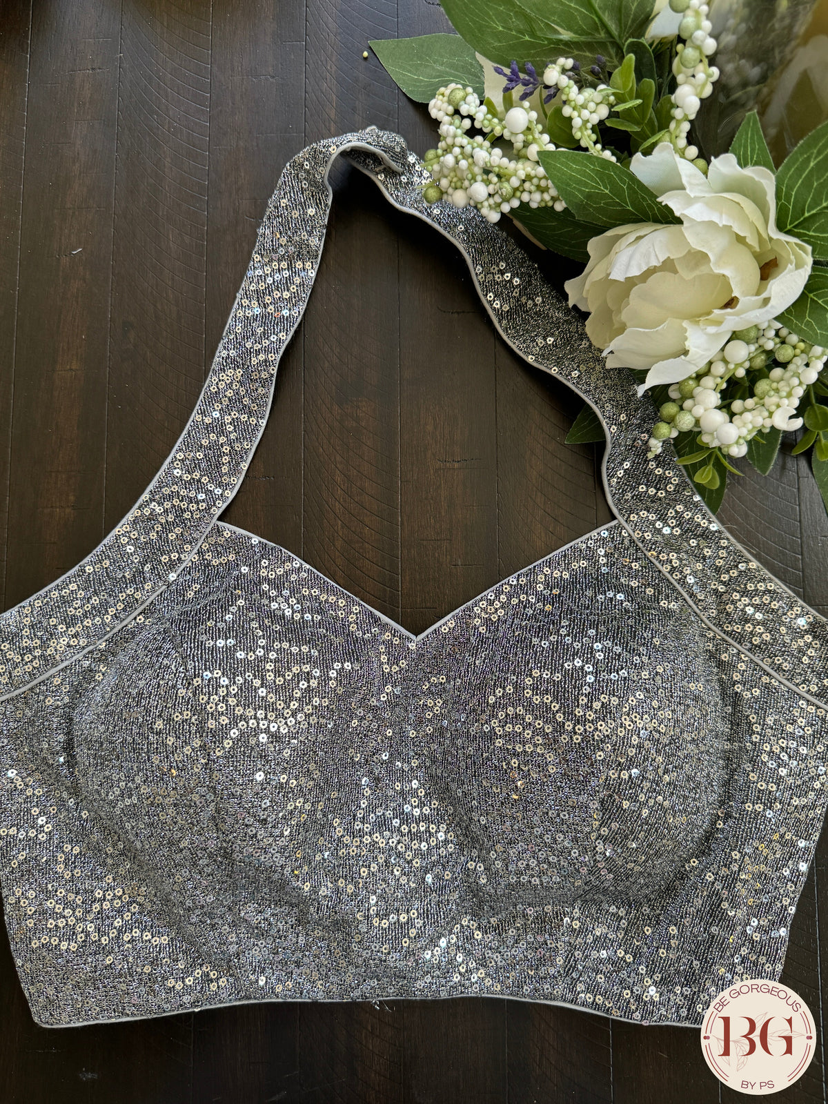 Sequin readymade blouse with halter neck - Silver Grey