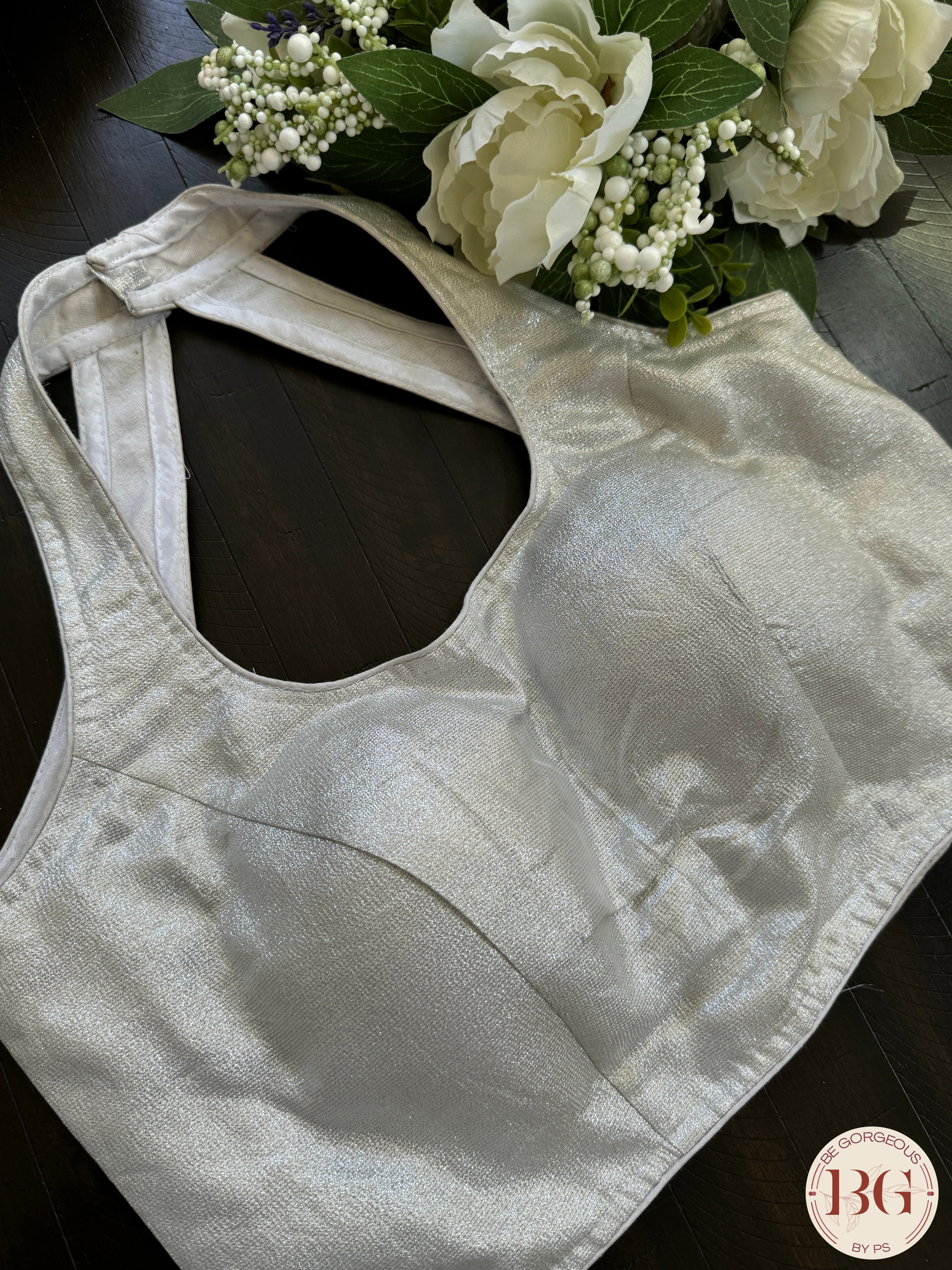 Raw silk readymade blouse with halter neck - silver