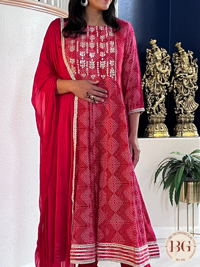 Anarkali Suit set with pant and dupattain gorgeous bandhani print, gota detailing and rani color