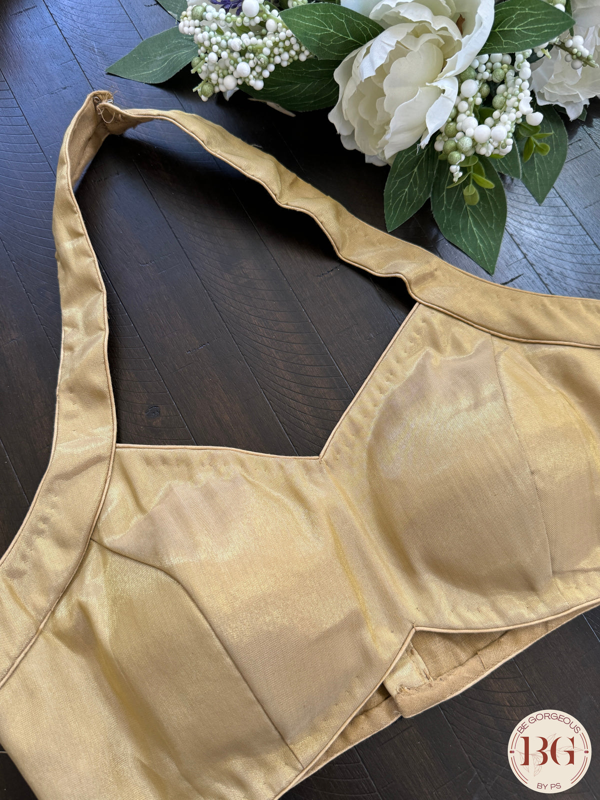 Raw silk readymade blouse with halter neck - gold