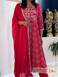 Anarkali Suit set with pant and dupattain gorgeous bandhani print, gota detailing and rani color