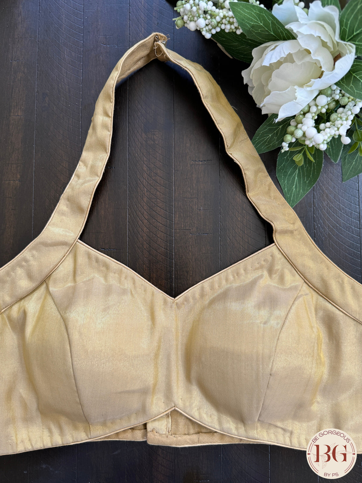 Raw silk readymade blouse with halter neck - gold